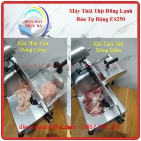 Máy Thái Thịt Đông Lạnh ES250 - Ảnh thực tế sử dụng, máy đang vận hành thái thịt đông lạnh ở 2 chế độ thịt đong mềm và thịt đông cứng.