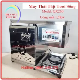 Máy Thái Thịt Tươi Sống QX260 – Ảnh tổng thể sản phẩm, toàn thân, góc chính diện, chất liệu inox bền đẹp, năng suất cao.