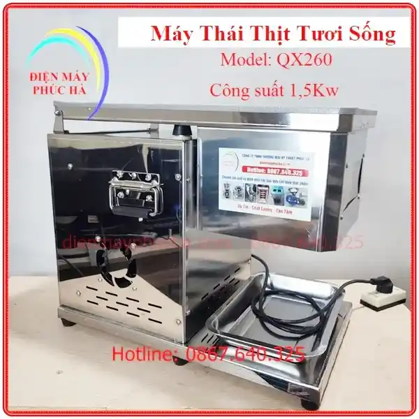 Máy Thái Thịt Tươi Sống QX260 – Ảnh tổng thể sản phẩm, toàn thân, góc chính diện, chất liệu inox bền đẹp, năng suất cao.