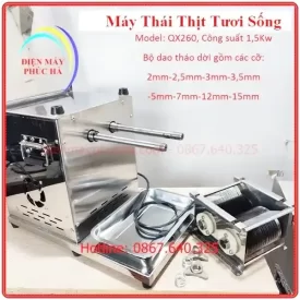 Máy Thái Thịt Tươi Sống QX260 – Ảnh bộ dao được tháo rồi ra dễ dàng, có nhiều cỡ dao để lựa chọn phù hợp với các nhu cầu độ dày lát thái khác nhau của từng món ăn.
