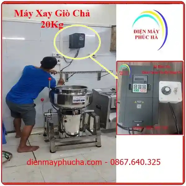 Máy Xay Giò Chả 20Kg Biến Tần 3 pha – góc chụp 2: bộ biến tần và cụm chiết áp để điều chỉnh tốc độ xay