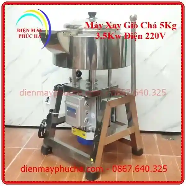 Máy Xay Giò Chả 5Kg 3,5Kw 220V – góc chụp 1, cấu tạo chi tiết rõ nét, vật liệu inox, motor khỏe, bền bỉ.