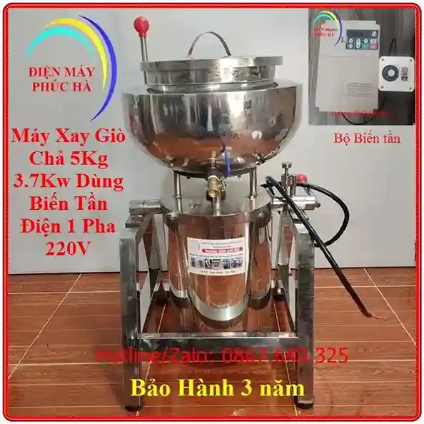 Máy Xay Giò Chả 5Kg Biến Tần 1 Pha – góc chụp 1, cấu tạo chi tiết rõ nét, vật liệu inox, motor khỏe, bền bỉ. Bộ biến tần điều chỉnh tốc độ xay, bảo vệ động cơ