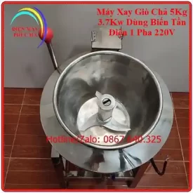 Máy Xay Giò Chả 5Kg Biến Tần 1 Pha – góc chụp 3, cấu tạo chi tiết rõ nét, cối xay vật liệu inox 304 dày dặn, bộ dao 3 lưỡi chắc chắn