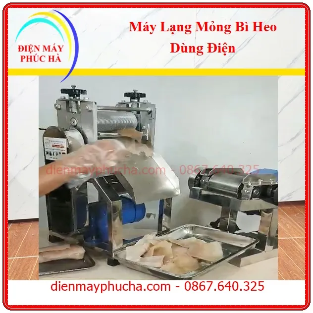 Máy lạng bì heo dùng điện đang lạng mỏng bì heo
