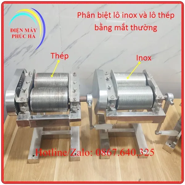 Máy thái bì quay tay khung chân inox với 2 mẫu lô thép và lô inox