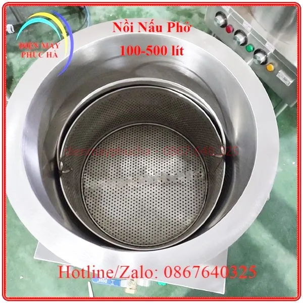 Nồi nấu phở 100-110-120 lít có lớp cách nhiệt dày, giữ nhiệt tốt, có giỏ đựng xương khi hầm