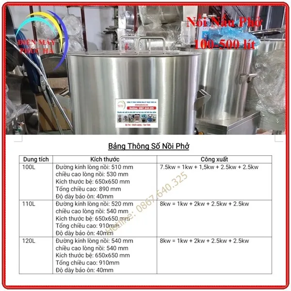 Bảng thông số kỹ thuật Nồi nấu phở 100-110-120 lít