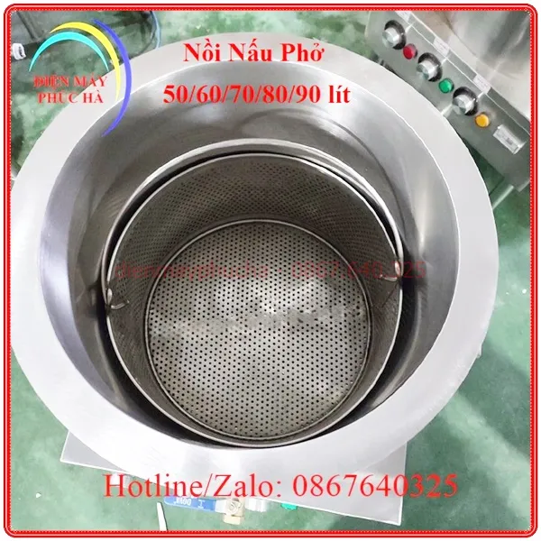 Nồi nấu phở 50-60-70-80-90 lít có lớp cách nhiệt dày, giữ nhiệt tốt, có giỏ đựng xương khi hầm