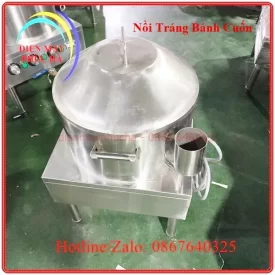 Nồi tráng bánh cuốn dùng điện, chất liệu inox dày dặn, có phễu kiểm tra mực nước, chân vuông chắc chắn
