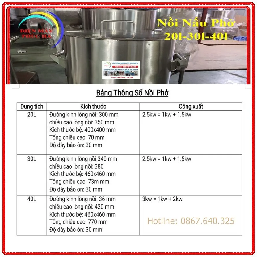 Bảng thông số kỹ thuật Nồi nấu phở 20 lít-30 lít-40 lít