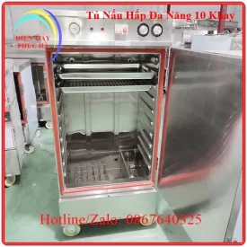 Tủ nấu hấp đa năng 10 khay có khay kích thước 60x40cm, dùng điện 1 pha 220V hoặc 3 pha 380V, có chỉnh nhiệt, cài đặt thời gian nấu hấp
