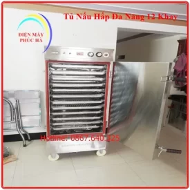 Tủ nấu hấp đa năng 12 khay có khay kích thước 60x40cm, dùng điện 1 pha 220V hoặc 3 pha 380V, có chỉnh nhiệt, cài đặt thời gian nấu hấp