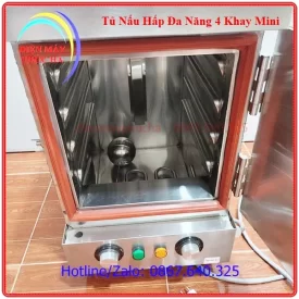 Tủ nấu hấp đa năng 4 khay mini được chế tạo từ inox chất lượng cao, dùng để nấu hấp thực phẩm như nấu cơm, hấp xôi, hấp giò chả xúc xích...