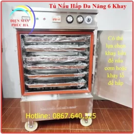 Tủ nấu hấp đa năng 6 khay có khay kích thước 60x40cm, dùng điện 1 pha 220V hoặc 3 pha 380V, có chỉnh nhiệt, cài đặt thời gian nấu hấp