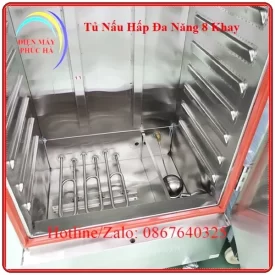 Tủ nấu hấp đa năng 8 khay có phao cấp nước tự động, có thanh nhiệt inox 304 siêu bền