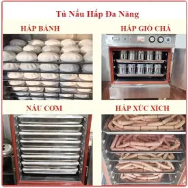 Tủ nấu hấp đa năng 8 khay dùng để nấu hấp thực phẩm như nấu cơm, hấp xôi, hấp giò chả, hấp xúc xích, hấp gà, hấp rau củ quả…