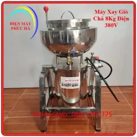 Ảnh tổng thể máy xay giò chả 8kg dùng biến tần của Điện Máy Phúc Hà. Thể hiện thiết kế hoàn chỉnh, thân inox 304, kích thước, khung máy chắc chắn. Động cơ 3.7kw của Nhật, Biến tần 5,5kw.
