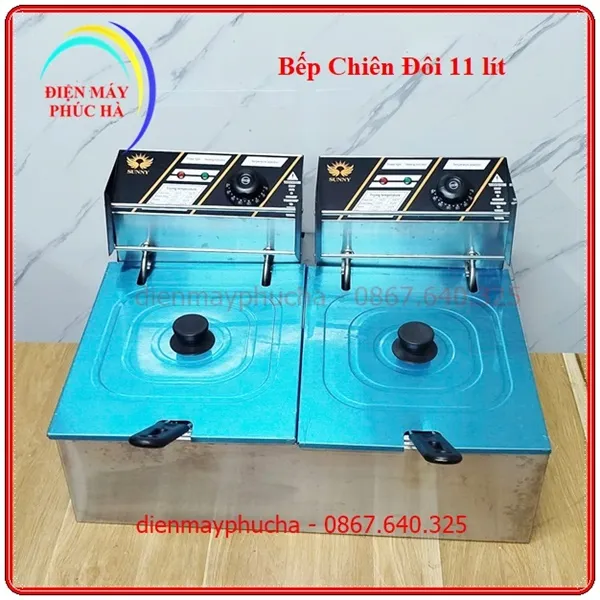 Bếp chiên đôi dùng điện có 2 ngăn riêng biệt, mỗi ngăn có dung tích 5,5 lít