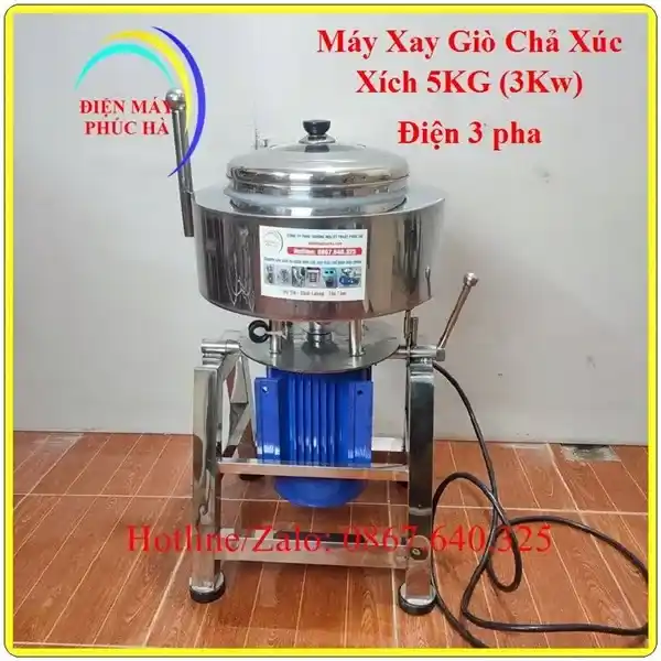 Máy Xay Giò Chả 5Kg 3Kw 380V – góc chụp 1, cấu tạo chi tiết rõ nét, vật liệu inox, motor khỏe, bền bỉ.