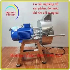 Máy Xay Giò Chả 5Kg 3Kw 380V – góc chụp 3, cấu tạo chi tiết rõ nét, cơ cấu lật nghiêng 90 độ, động cơ khoẻ, bao đá xung quanh cối, khung chân chắc chắn chống rung