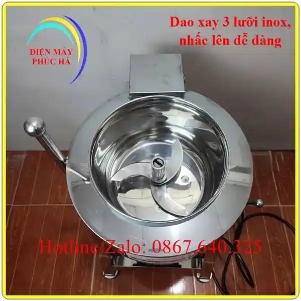 Máy Xay Giò Chả 5Kg 3Kw 380V – góc chụp 4, cấu tạo chi tiết rõ nét lòng cối xay, bộ dao inox 304, trục trao inox 304, cối mượt dễ vệ sinh