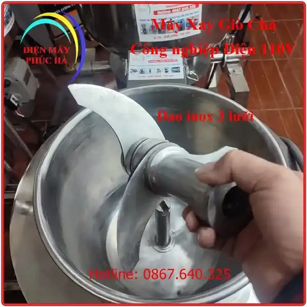 Máy Xay Giò Chả công nghiệp 5kg 7kg 10kg 15kg 20kg điện 110V: bộ dao 3 lưỡi bằng inox 304, rút thả thuận tiện khi sử dụng
