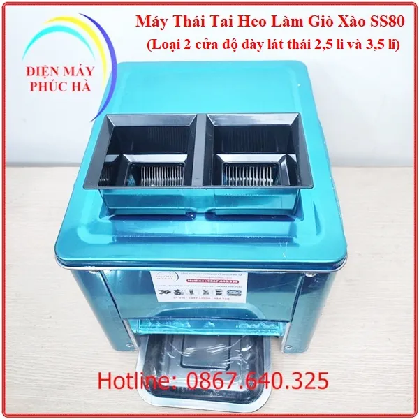 Máy Thái Tai Heo Làm Giò Xào SS80 Độ Dày Lát Thái 2,5 và 3,5mm ảnh chi tiết cấu tạo khay nạp: máy có 2 cửa nạp liệu, mỗi cửa sẽ có cỡ lát thái khác nhau.
