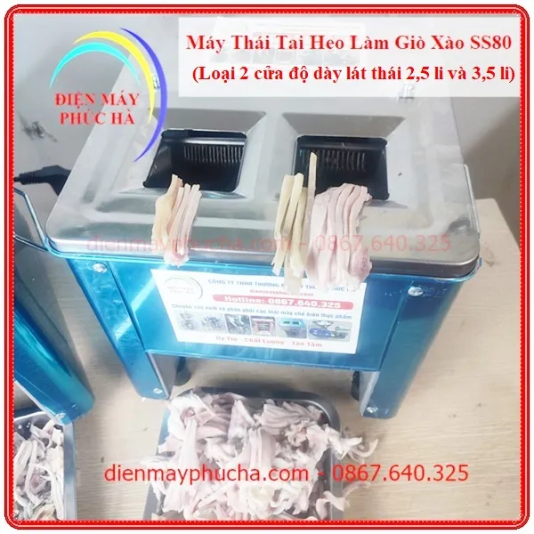 Máy Thái Tai Heo Làm Giò Xào SS80 Độ Dày Lát Thái 2,5 và 3,5mm - Ảnh thực tế sử dụng, máy thái ra thành phẩm là tai heo đã cắt nhỏ với 2 đọ dày khác nhau, phù hợp làm giò xào, giò thủ.
