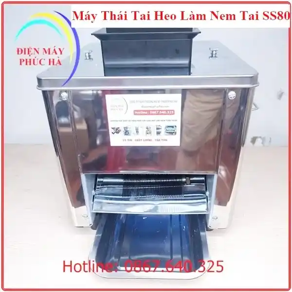 Máy Thái Tai Heo Làm Nem Thính SS80 Độ Dày Lát Thái 2mm - Ảnh tổng thể sản phẩm, toàn thân, góc chính diện, chất liệu inox bền đẹp, năng suất cao.
