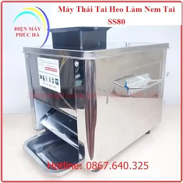 Máy Thái Tai Heo Làm Nem Thính SS80 Độ Dày Lát Thái 2mm - Ảnh nhìn nghiêng của máy, với chất liệu inox bao quanh máy bền - đẹp, thiết kế gọn nhẹ, năng suất cao.