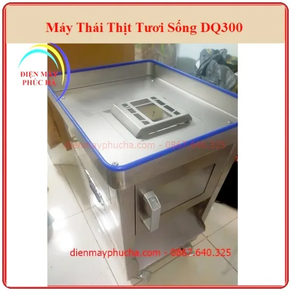 Máy Thái Thịt Tươi Sống DQ300 - Ảnh chất liệu inox, chụp cận cảnh máng chứa thịt lớn phía trên trước khi cho vào thái.