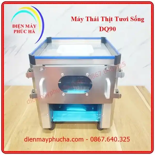 Máy Thái Thịt Tươi Sống DQ90 - Ảnh tổng thể sản phẩm, toàn thân, góc chính diện, chất liệu inox bền đẹp, năng suất cao.