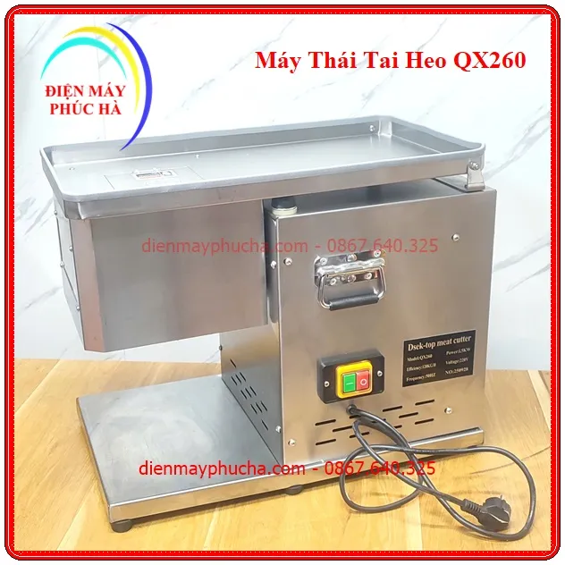 Máy Thái Tai Heo QX260 - Ảnh tổng thể sản phẩm, toàn thân, góc chính diện, chất liệu inox bền đẹp, năng suất cao.