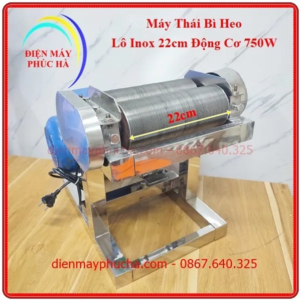 Máy thái bì heo lô 22cm khung chân inox, động cơ bền