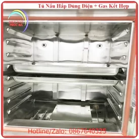 Tủ nấu hấp đa năng dùng điện gas kết hợp có phao cấp nước tự động, các tầng khay cách nhau 8,5cm